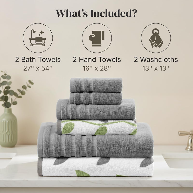 Modern Threads Organic Vines 6-Piece 100% Cotton Towel Set â€“ Yarn Dyed Jacquard & Solid â€“ Includes 2 Bath Towels, 2 Hand Towels, 2 Washcloths â€“ Absorbent, Quick Dry, Soft & Durable â€“ Gray - Image 3